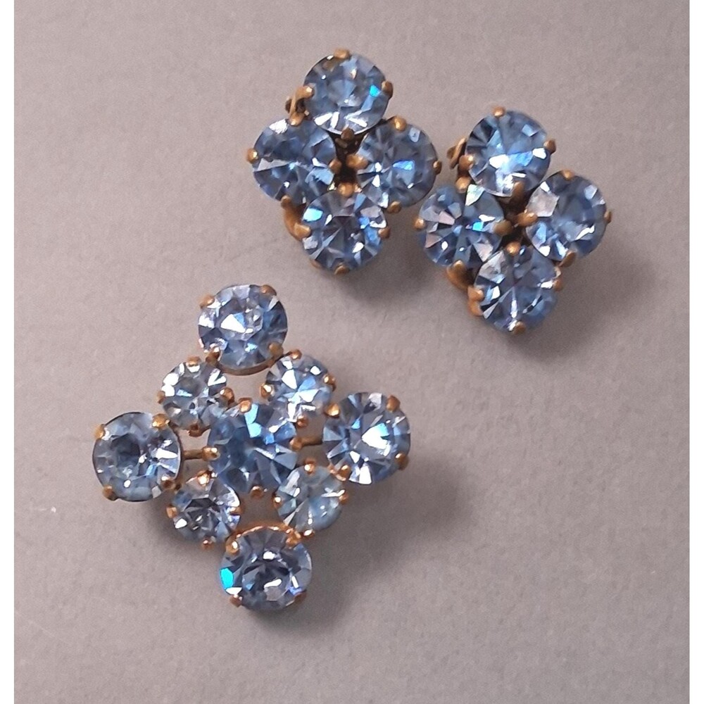 Vintage Aqua Rhinestone Brooch Earrings Set
